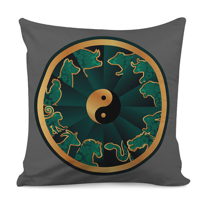 Green And Gold Chinese Zodiac Print Pillow Cover