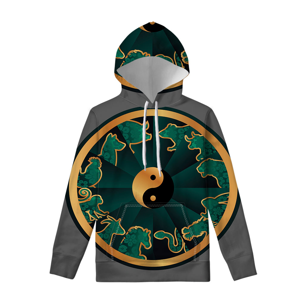 Green And Gold Chinese Zodiac Print Pullover Hoodie