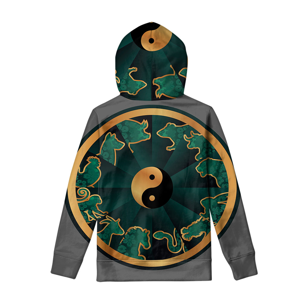 Green And Gold Chinese Zodiac Print Pullover Hoodie