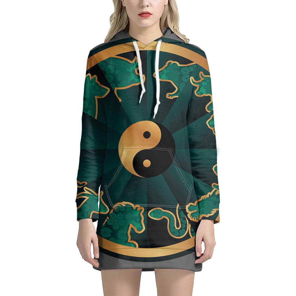 Green And Gold Chinese Zodiac Print Pullover Hoodie Dress