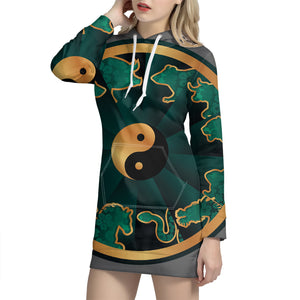 Green And Gold Chinese Zodiac Print Pullover Hoodie Dress