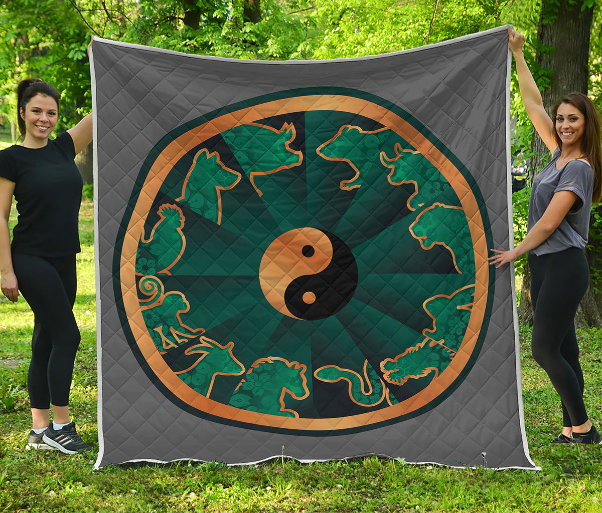 Green And Gold Chinese Zodiac Print Quilt