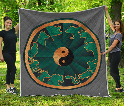 Green And Gold Chinese Zodiac Print Quilt