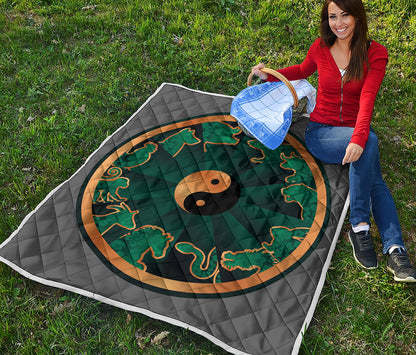 Green And Gold Chinese Zodiac Print Quilt