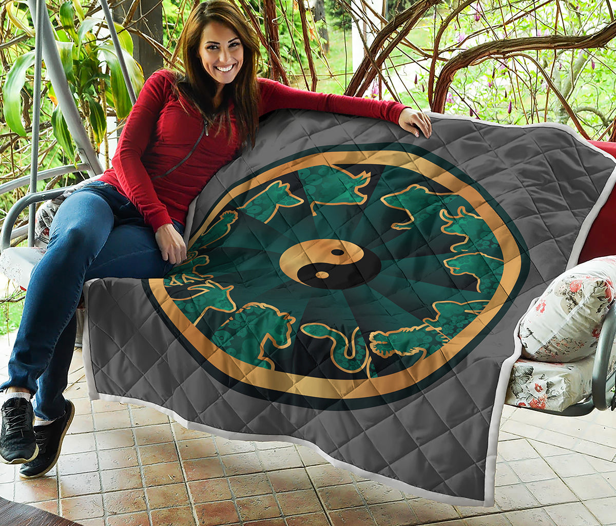 Green And Gold Chinese Zodiac Print Quilt