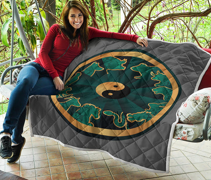 Green And Gold Chinese Zodiac Print Quilt