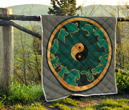 Green And Gold Chinese Zodiac Print Quilt