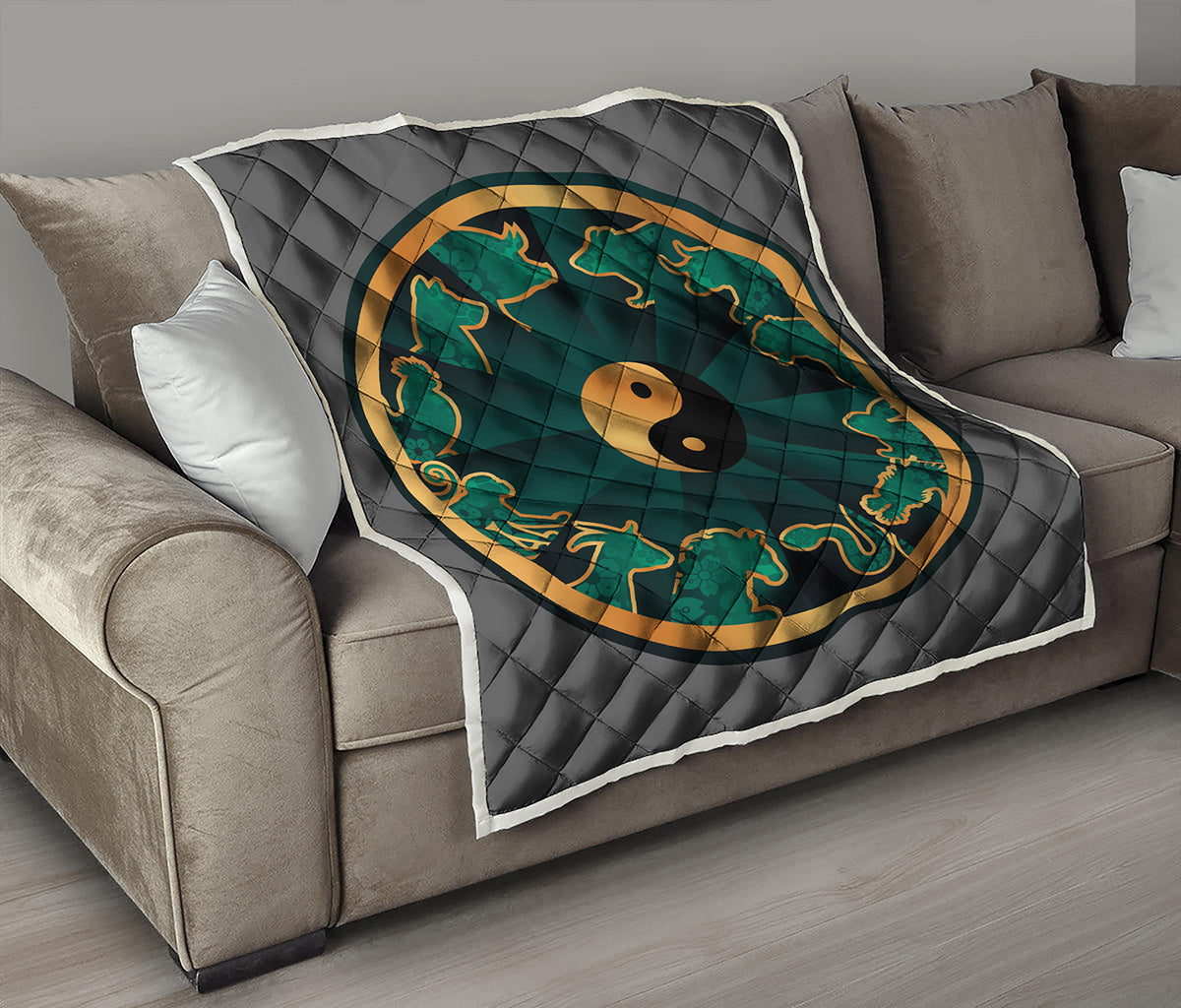 Green And Gold Chinese Zodiac Print Quilt