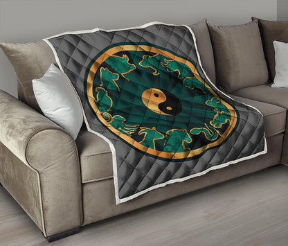 Green And Gold Chinese Zodiac Print Quilt