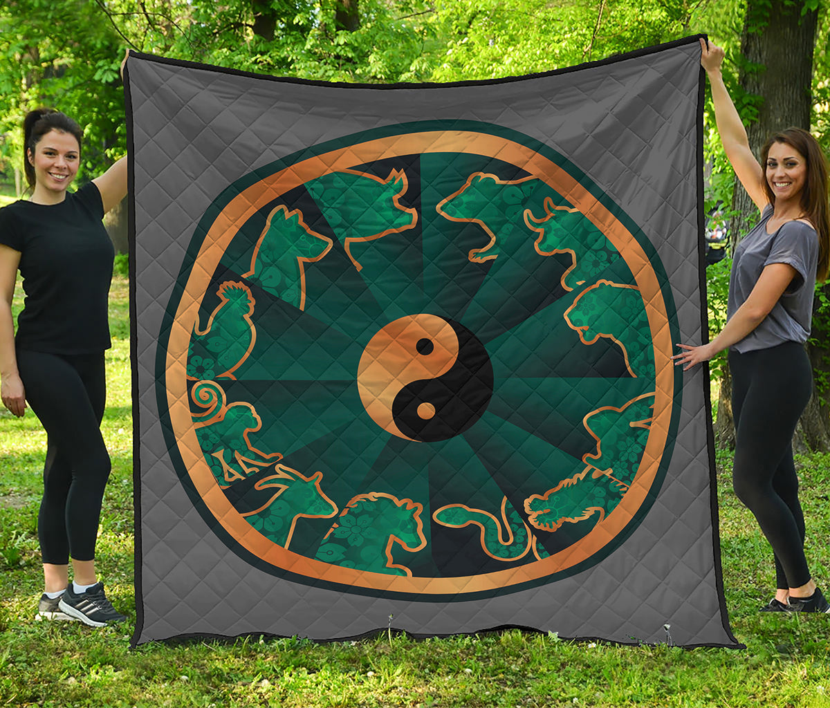 Green And Gold Chinese Zodiac Print Quilt