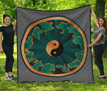 Green And Gold Chinese Zodiac Print Quilt