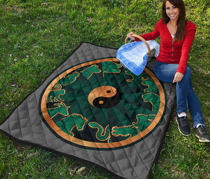 Green And Gold Chinese Zodiac Print Quilt
