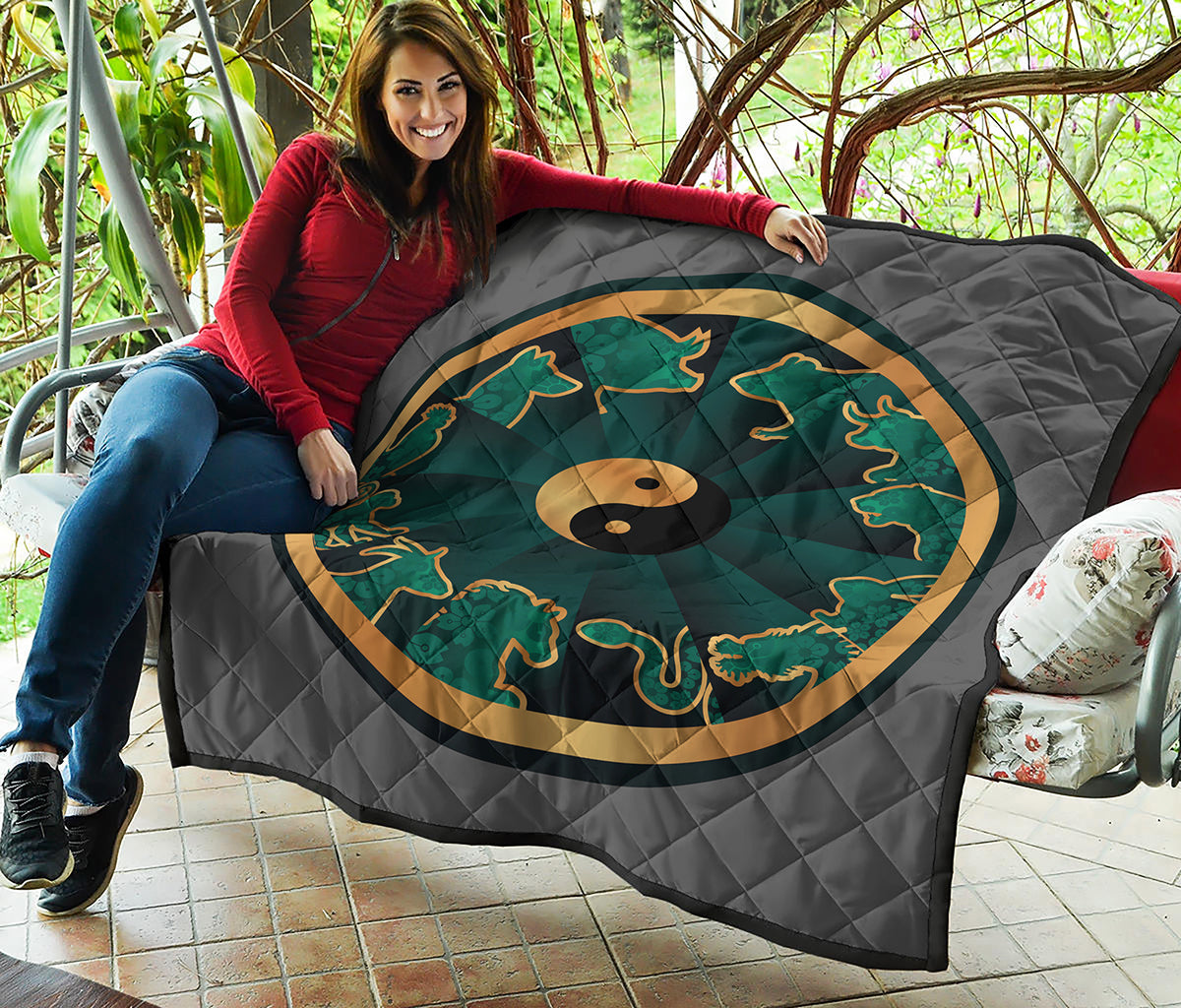 Green And Gold Chinese Zodiac Print Quilt