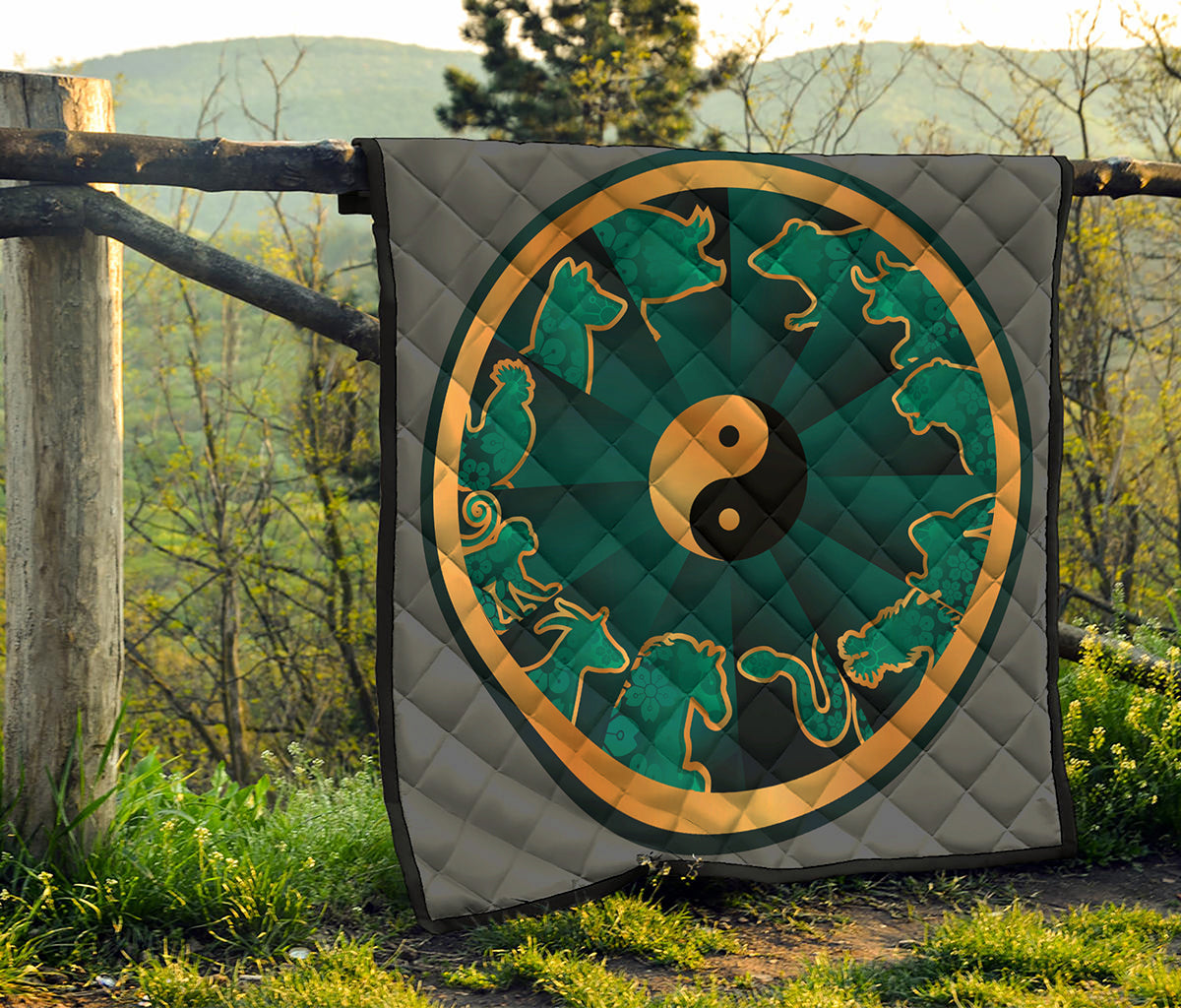 Green And Gold Chinese Zodiac Print Quilt