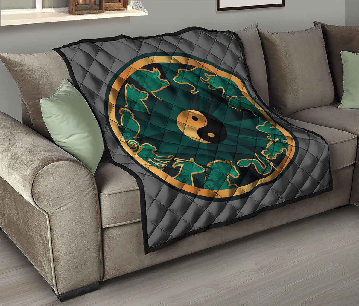 Green And Gold Chinese Zodiac Print Quilt