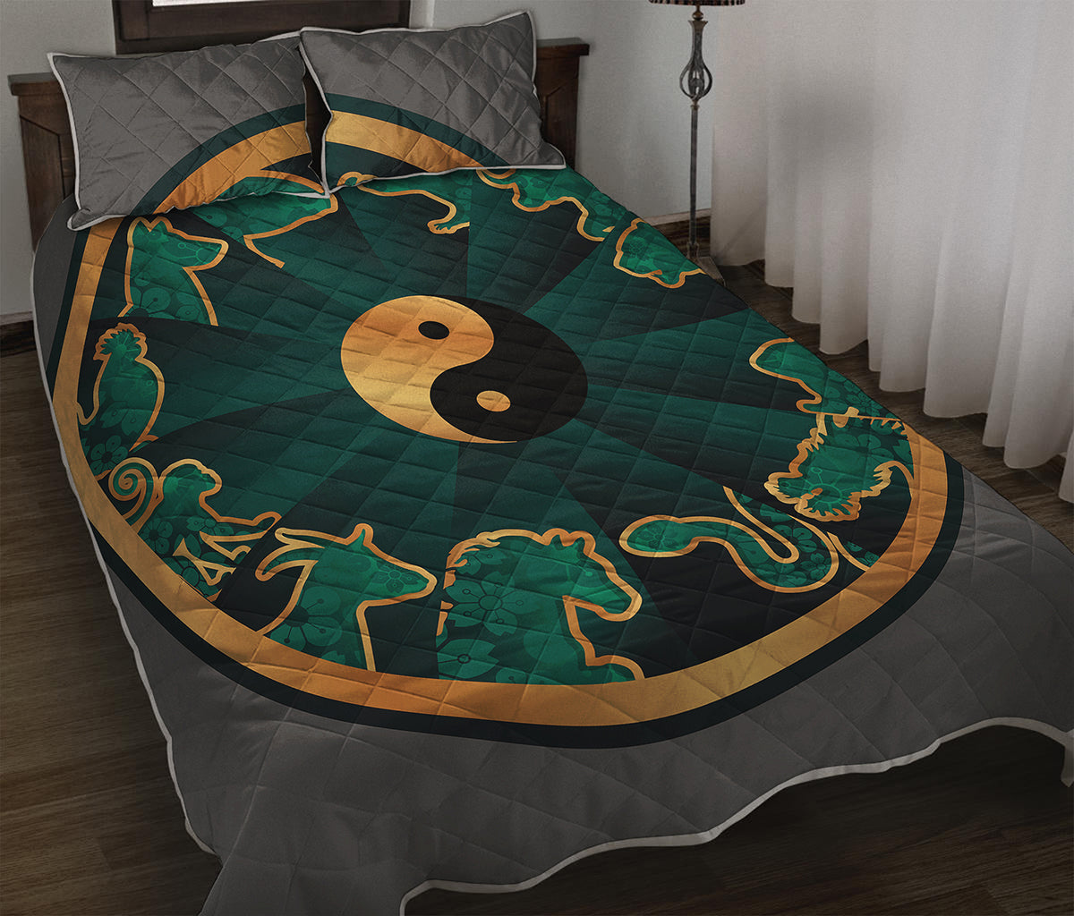Green And Gold Chinese Zodiac Print Quilt Bed Set