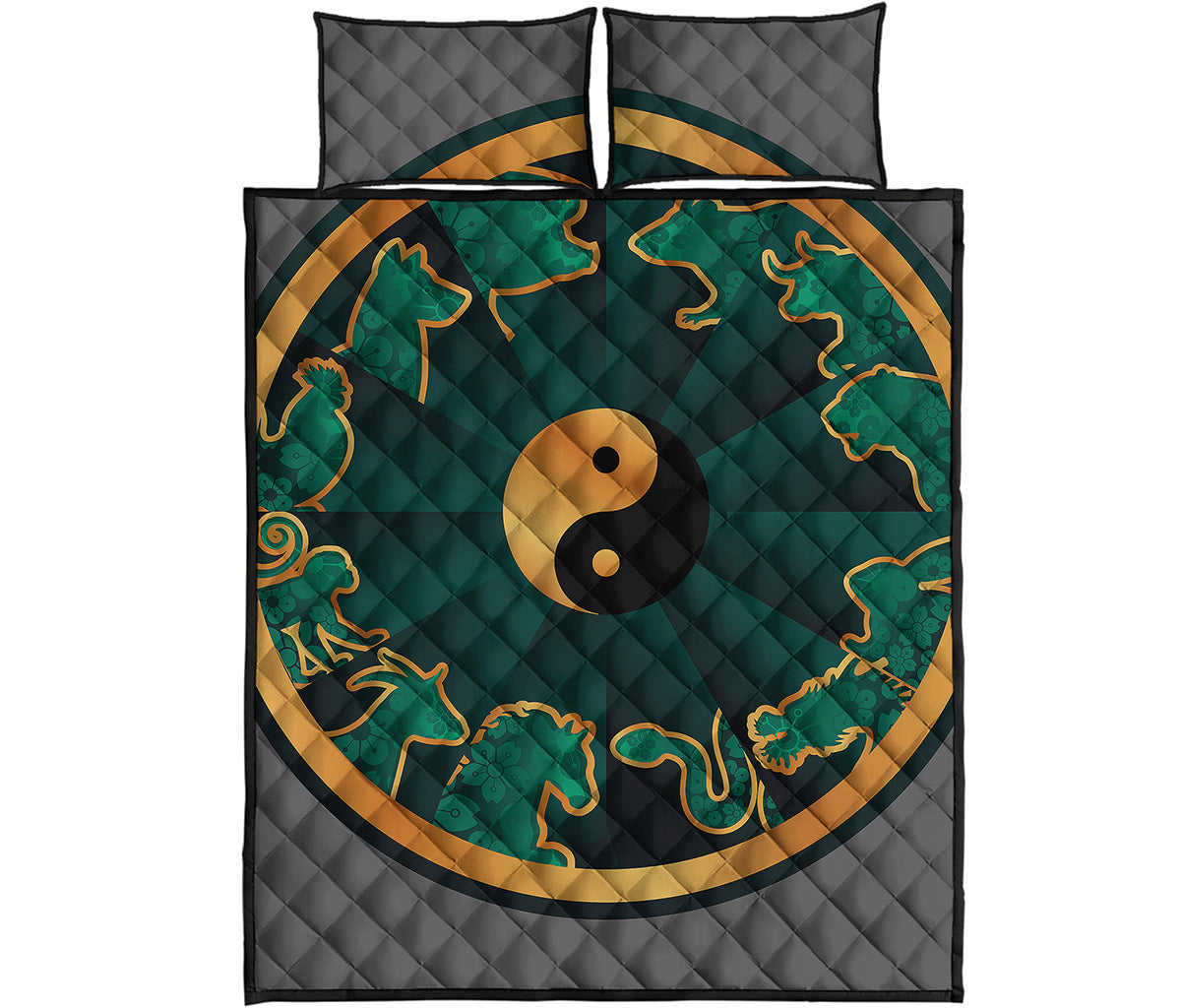 Green And Gold Chinese Zodiac Print Quilt Bed Set