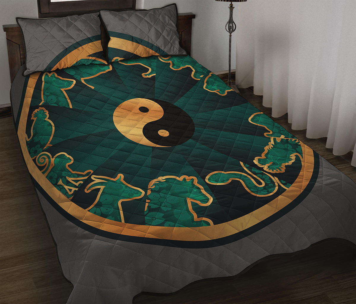 Green And Gold Chinese Zodiac Print Quilt Bed Set