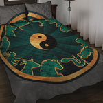 Green And Gold Chinese Zodiac Print Quilt Bed Set