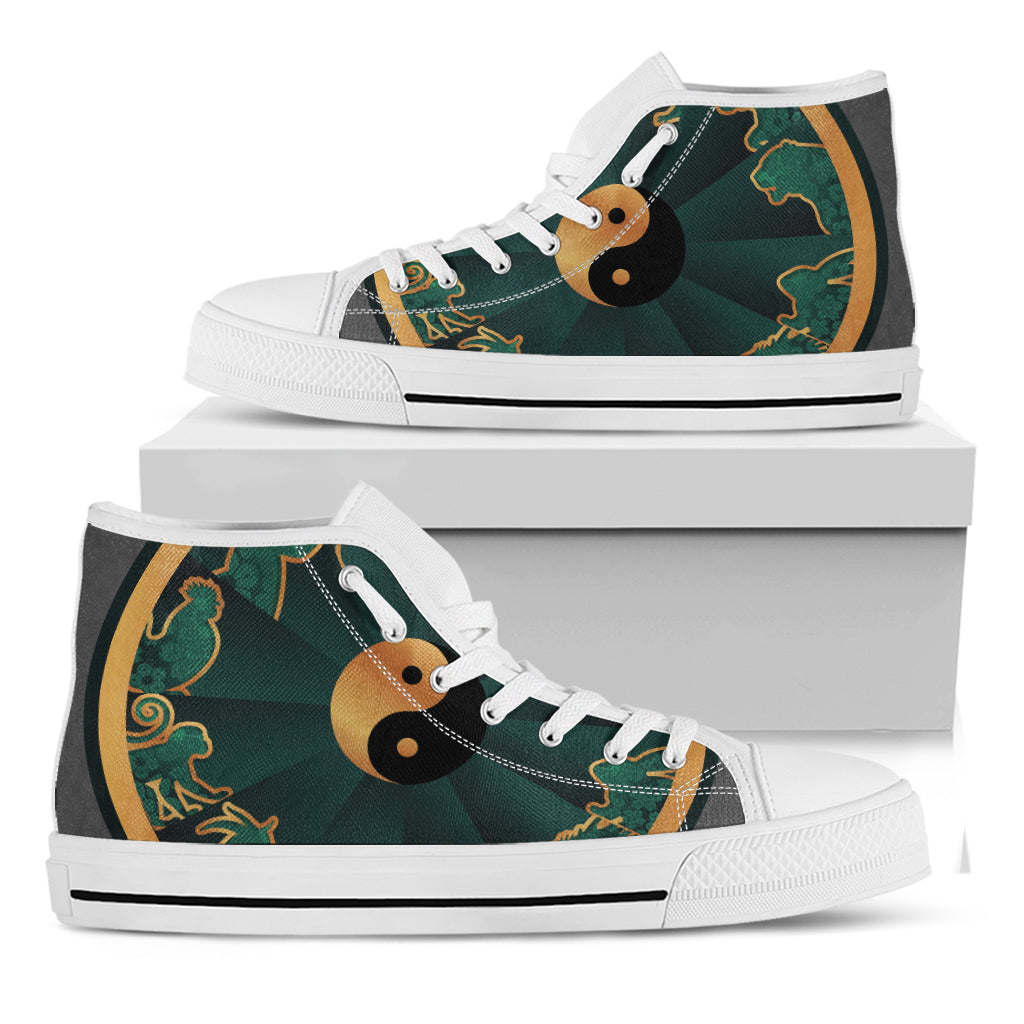 Green And Gold Chinese Zodiac Print White High Top Shoes