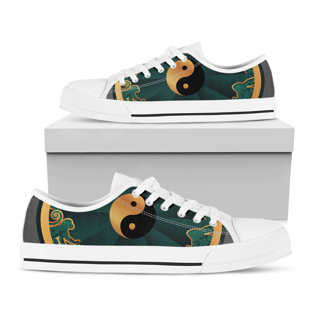 Green And Gold Chinese Zodiac Print White Low Top Shoes