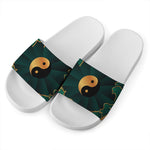 Green And Gold Chinese Zodiac Print White Slide Sandals