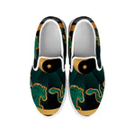 Green And Gold Chinese Zodiac Print White Slip On Shoes
