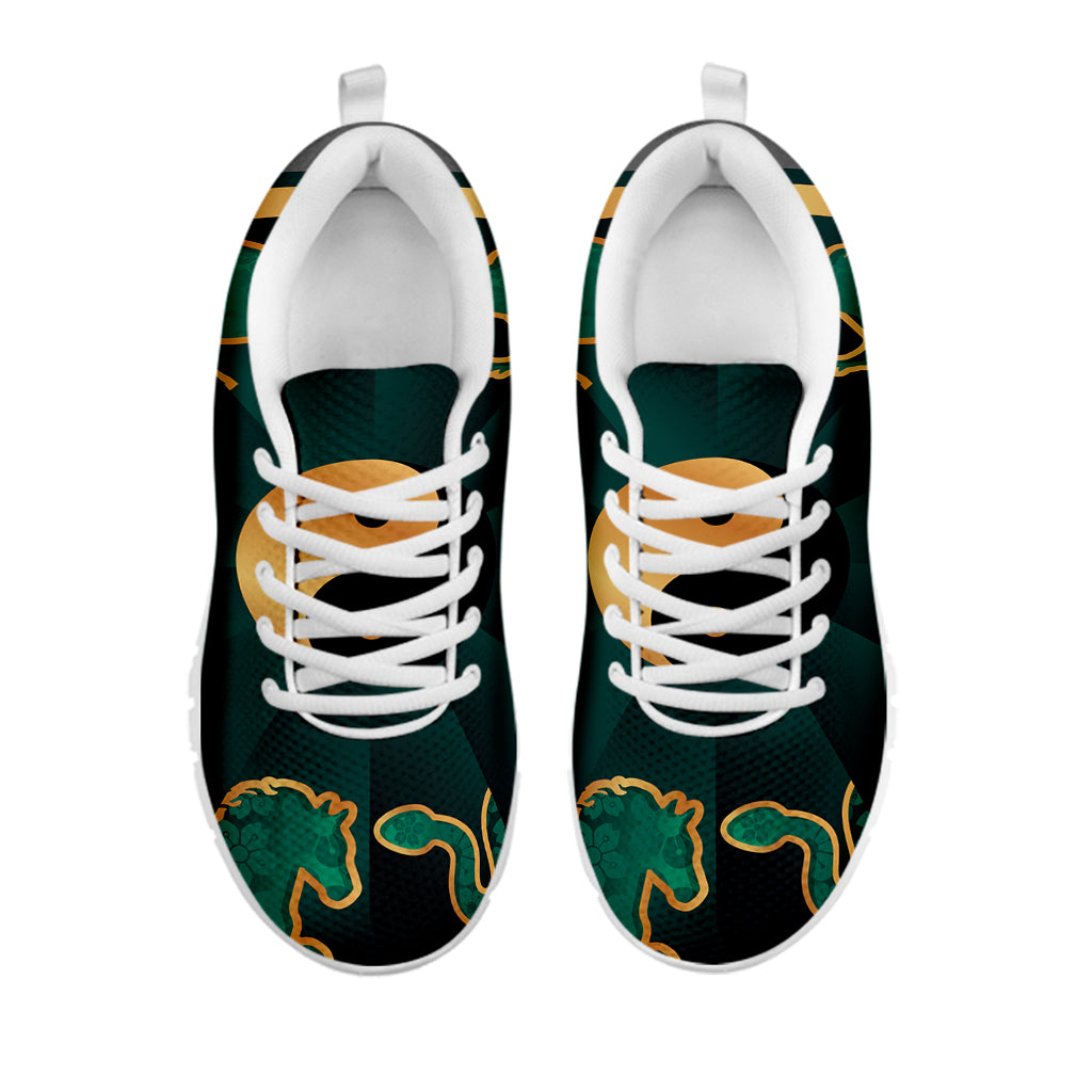 Green And Gold Chinese Zodiac Print White Sneakers