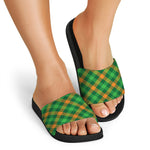 Green And Orange Buffalo Plaid Print Black Slide Sandals