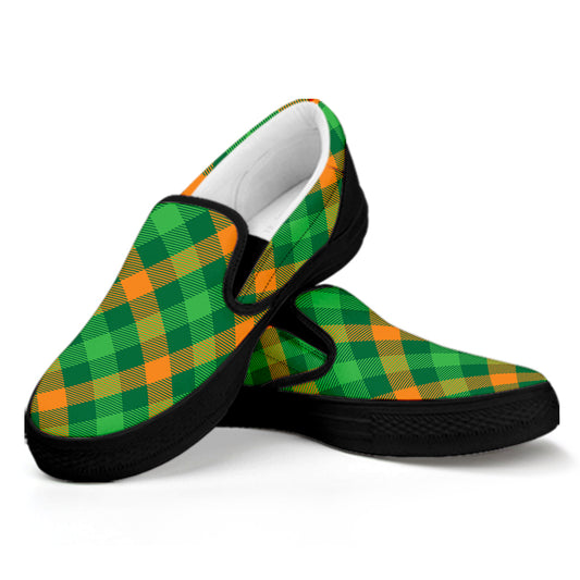 Green And Orange Buffalo Plaid Print Black Slip On Shoes