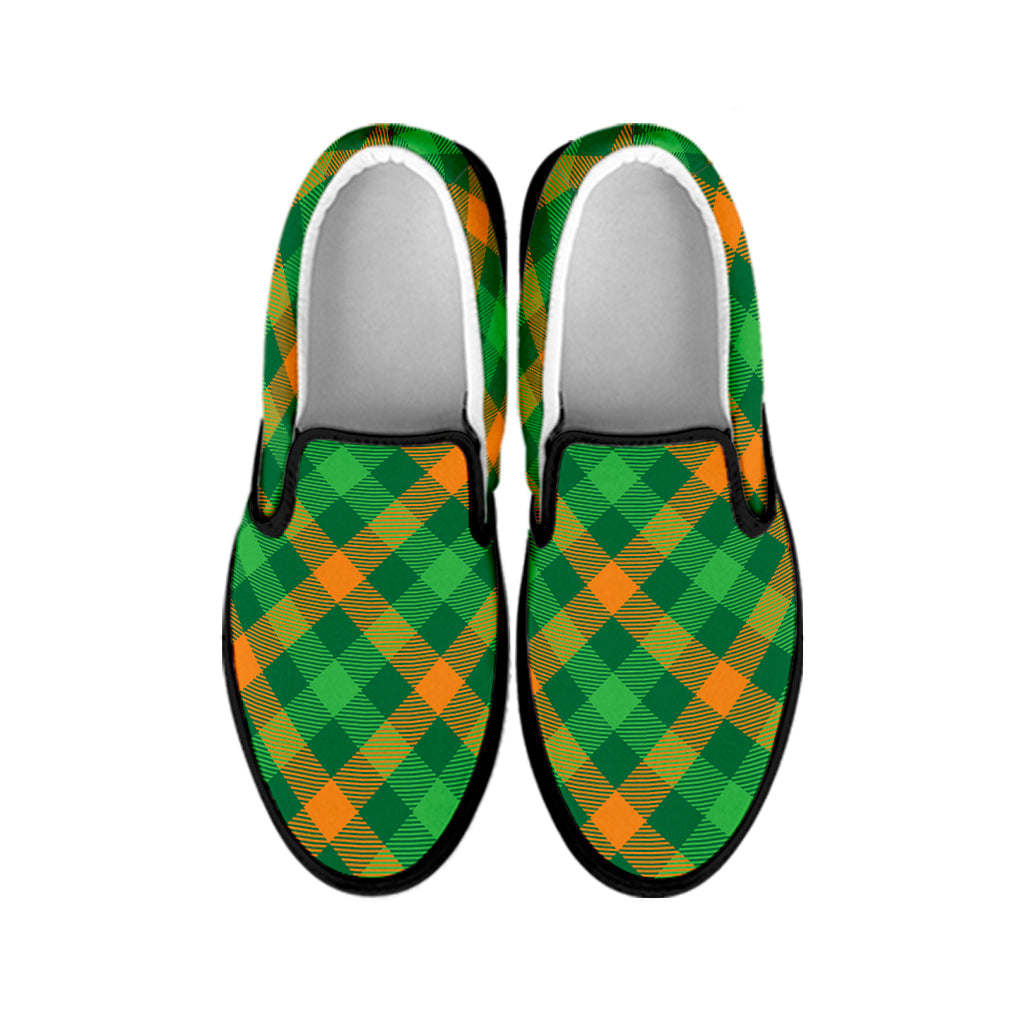 Green And Orange Buffalo Plaid Print Black Slip On Shoes