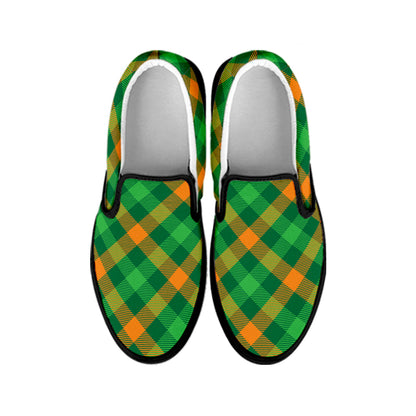 Green And Orange Buffalo Plaid Print Black Slip On Shoes