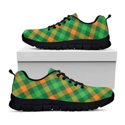 Green And Orange Buffalo Plaid Print Black Sneakers