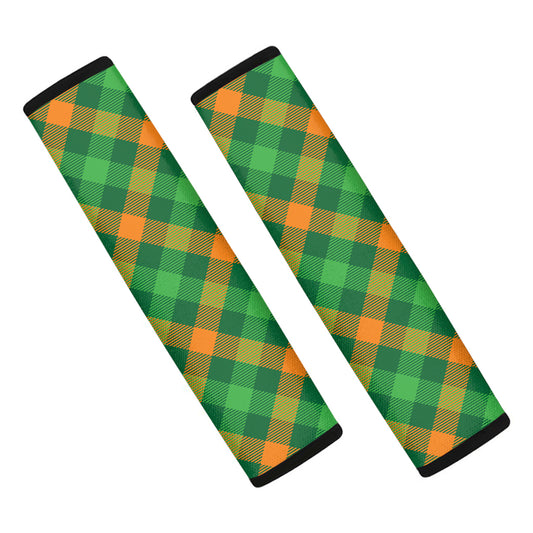 Green And Orange Buffalo Plaid Print Car Seat Belt Covers