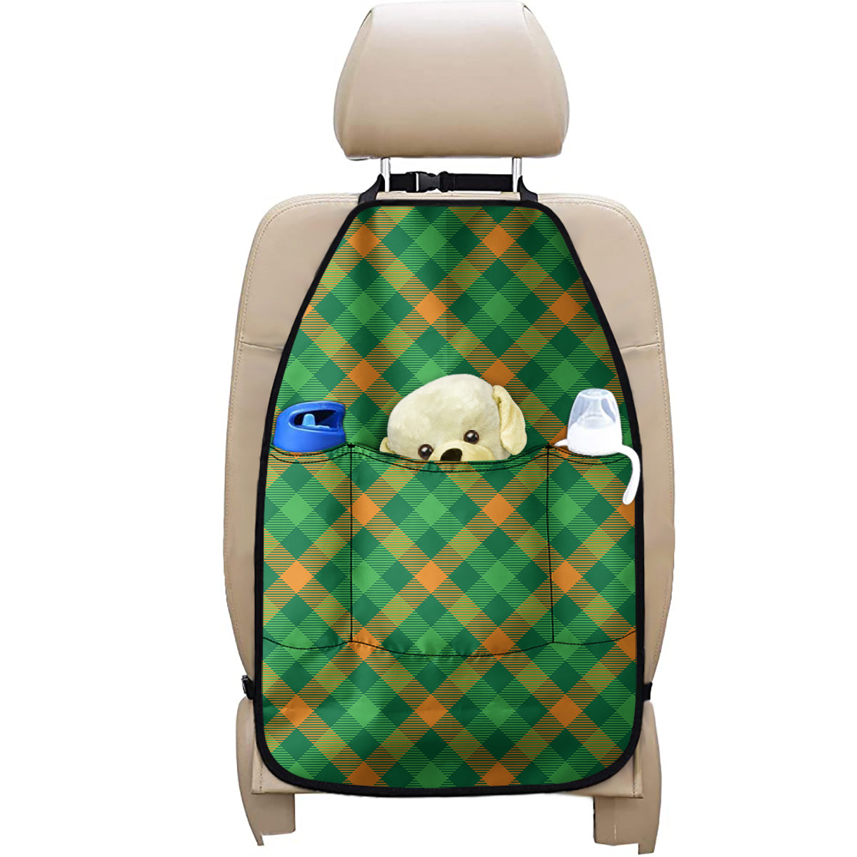 Green And Orange Buffalo Plaid Print Car Seat Organizers