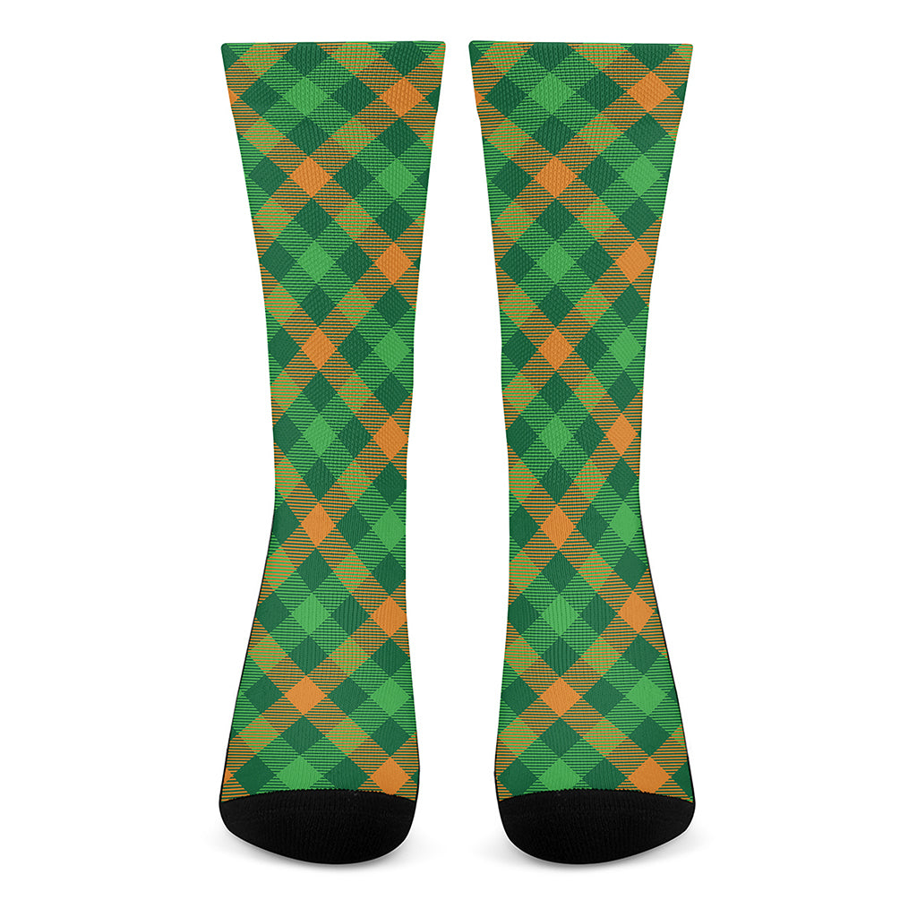 Green And Orange Buffalo Plaid Print Crew Socks