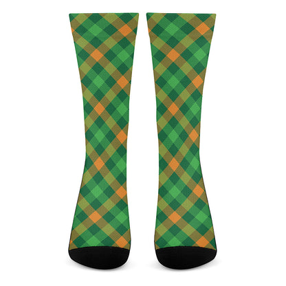 Green And Orange Buffalo Plaid Print Crew Socks