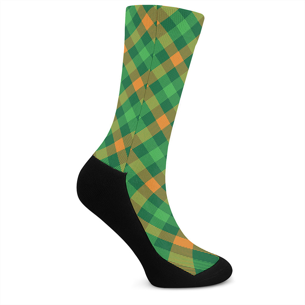 Green And Orange Buffalo Plaid Print Crew Socks