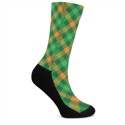 Green And Orange Buffalo Plaid Print Crew Socks