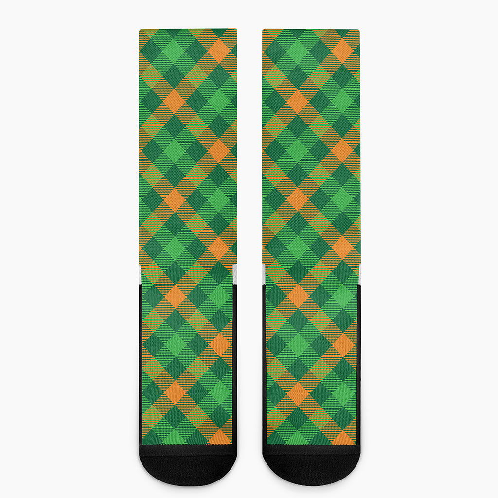 Green And Orange Buffalo Plaid Print Crew Socks