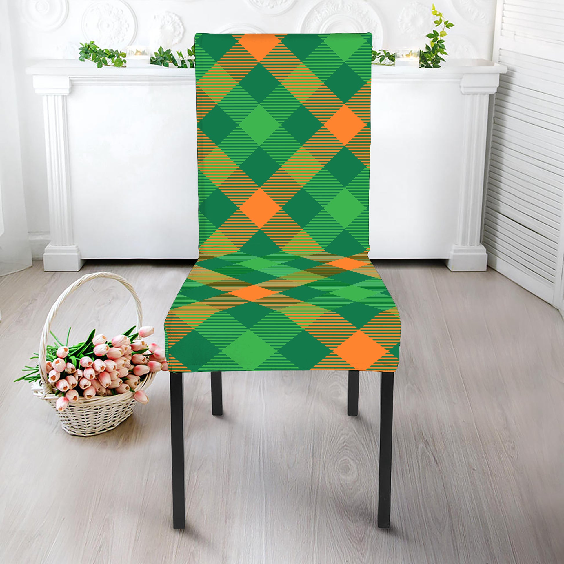 Green And Orange Buffalo Plaid Print Dining Chair Slipcover