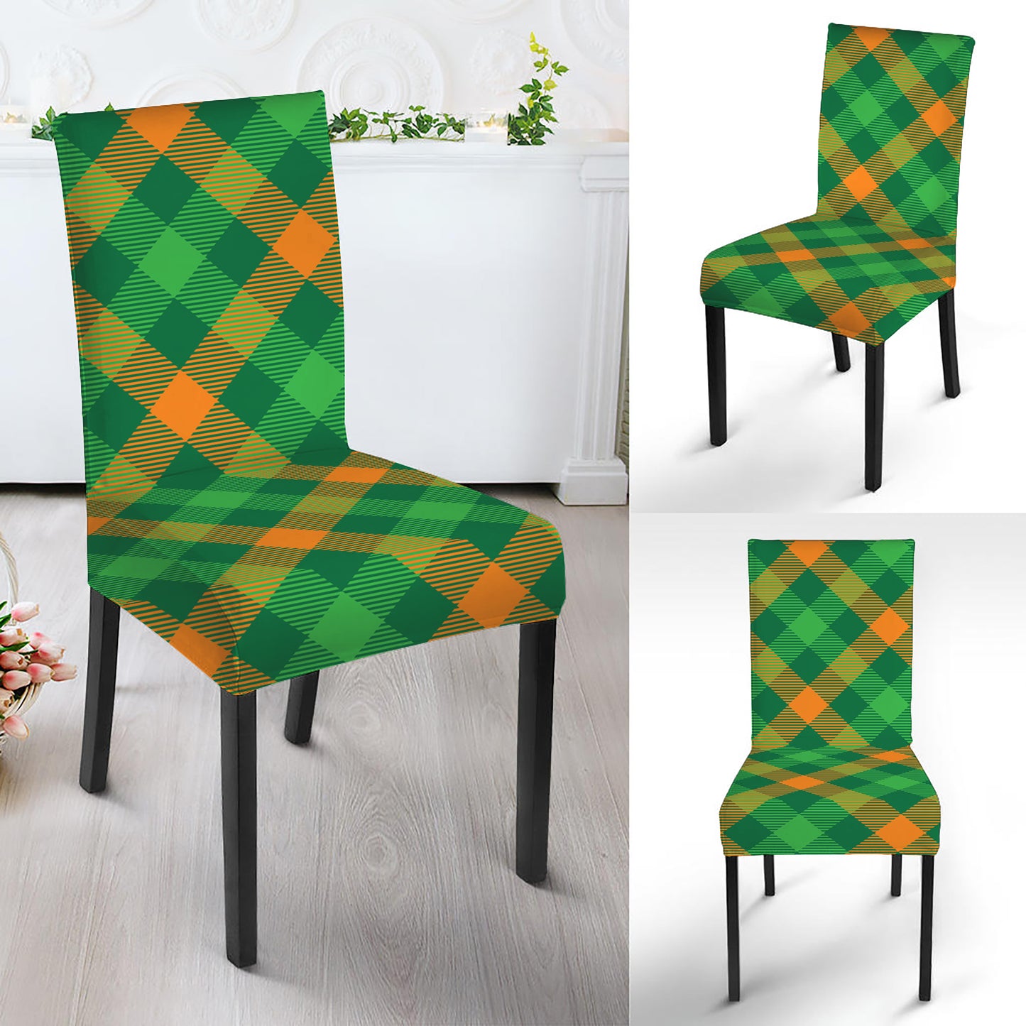 Green And Orange Buffalo Plaid Print Dining Chair Slipcover