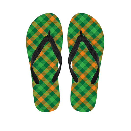 Green And Orange Buffalo Plaid Print Flip Flops