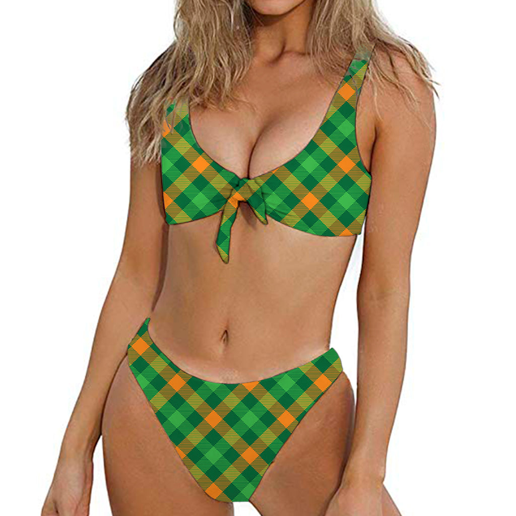 Green And Orange Buffalo Plaid Print Front Bow Tie Bikini