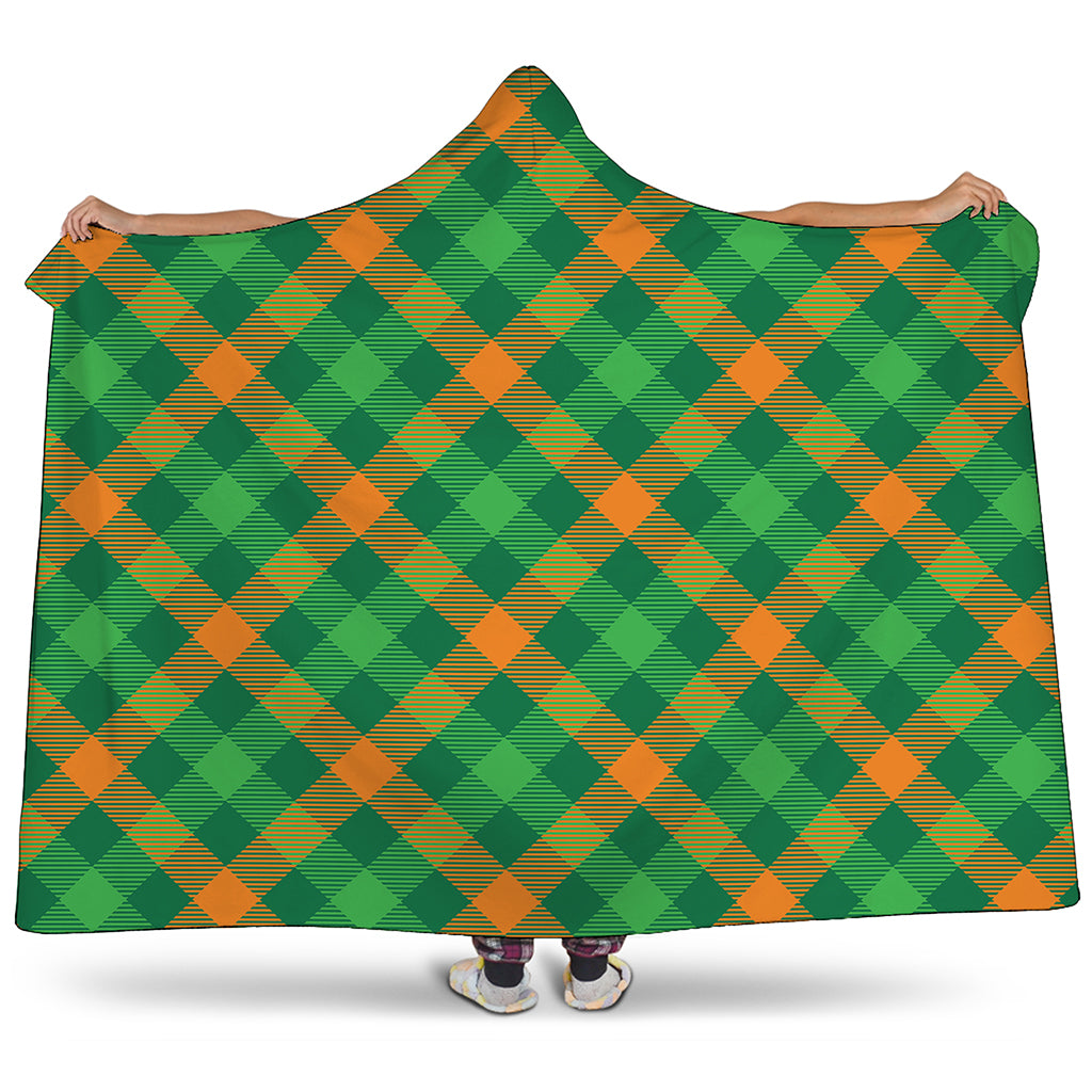 Green And Orange Buffalo Plaid Print Hooded Blanket