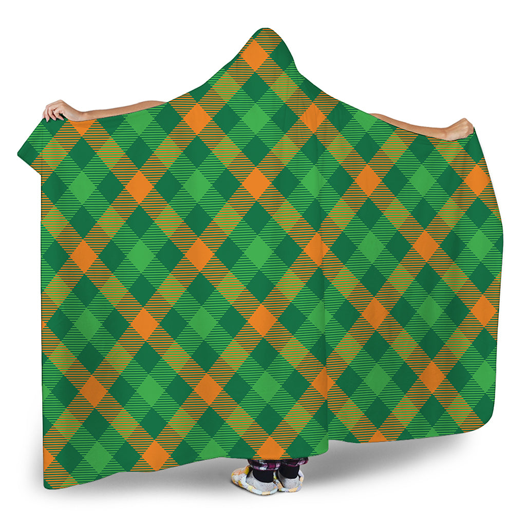 Green And Orange Buffalo Plaid Print Hooded Blanket