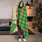 Green And Orange Buffalo Plaid Print Hooded Blanket