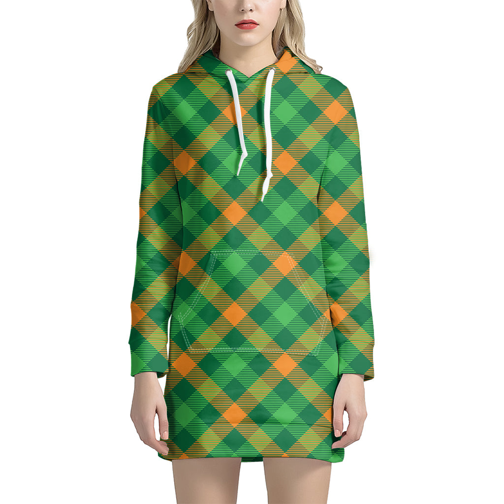 Green And Orange Buffalo Plaid Print Hoodie Dress