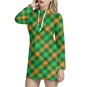 Green And Orange Buffalo Plaid Print Hoodie Dress