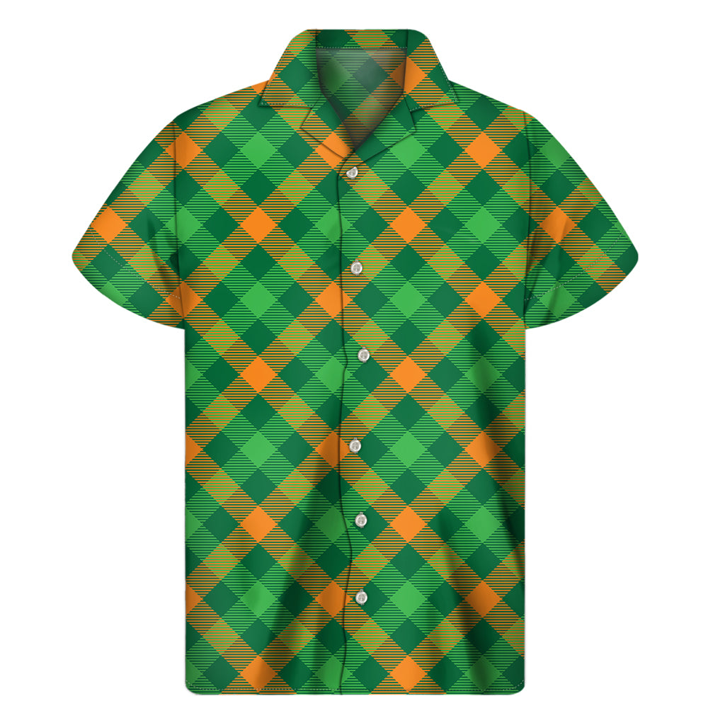 Green And Orange Buffalo Plaid Print Men's Short Sleeve Shirt